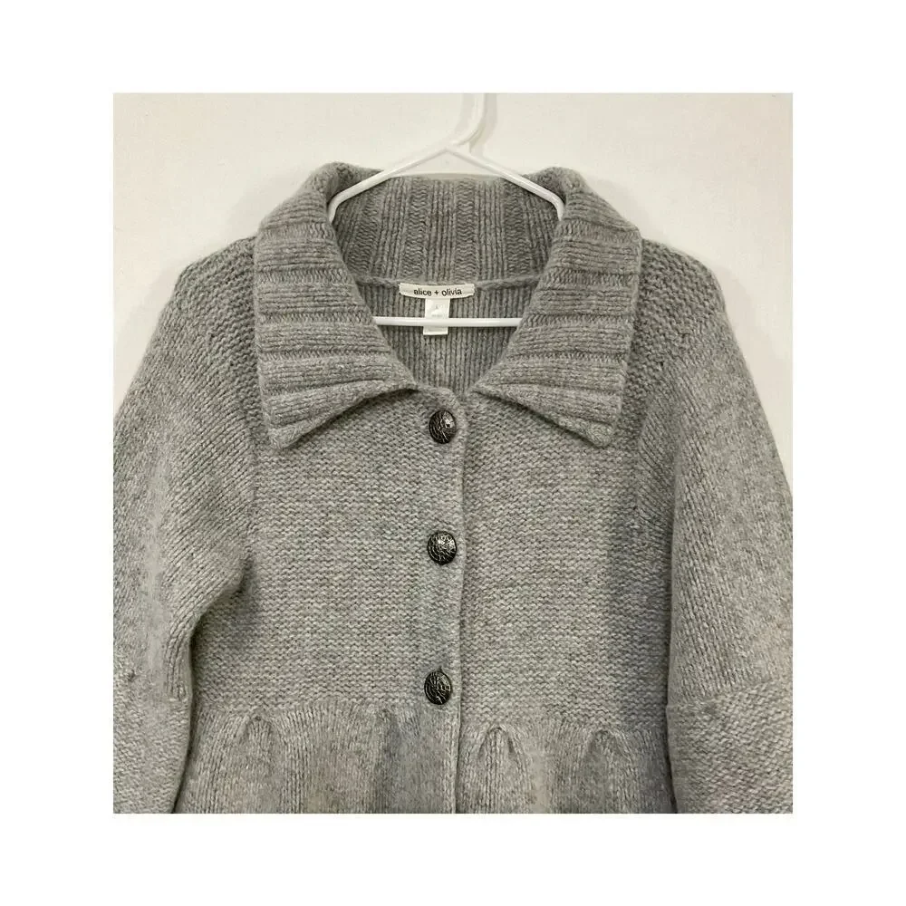 Alice + Olivia Wool/Angora Cardigan Sweater Large Collared Grey Bell Sleeves - Picture 4 of 9